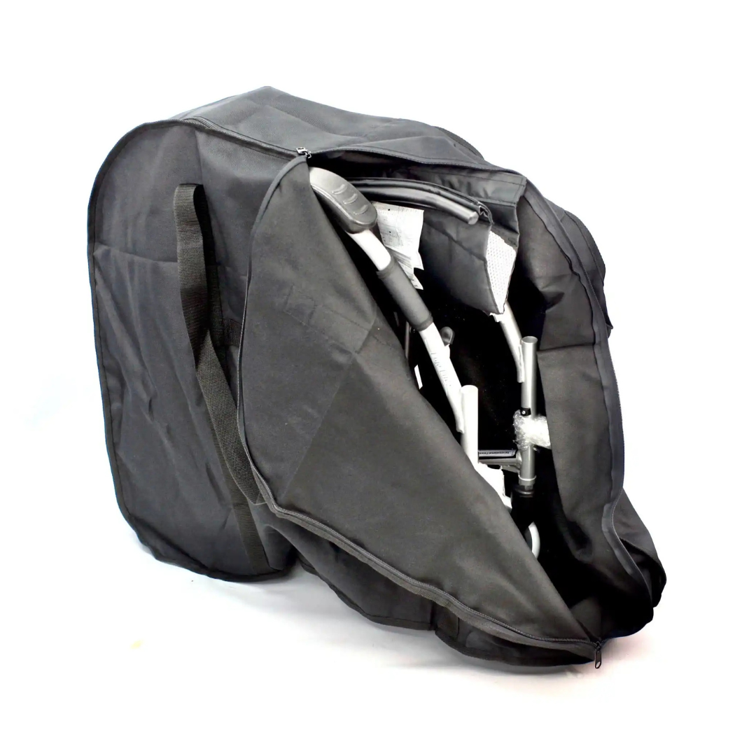 The Karman Travel Bag for Ergo Lite & Ergo Flight Wheelchairs, shown in black with zippered closure and handles, is partially open to reveal a folded wheelchair inside, making transport and storage easy.